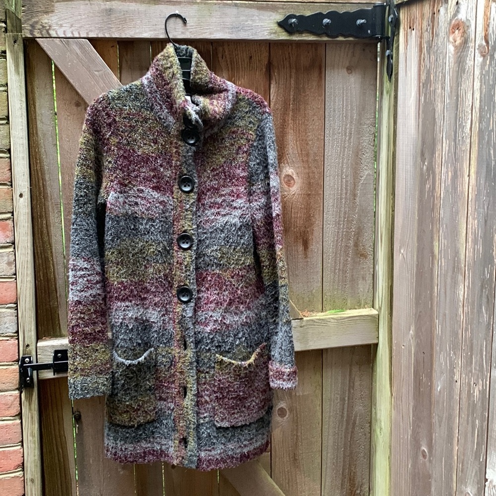 Kensie sweater coat - striped multi colors in grey, purple, blues,
